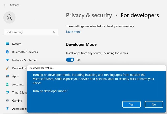 Google Play Windows11 Developer Mode 1
