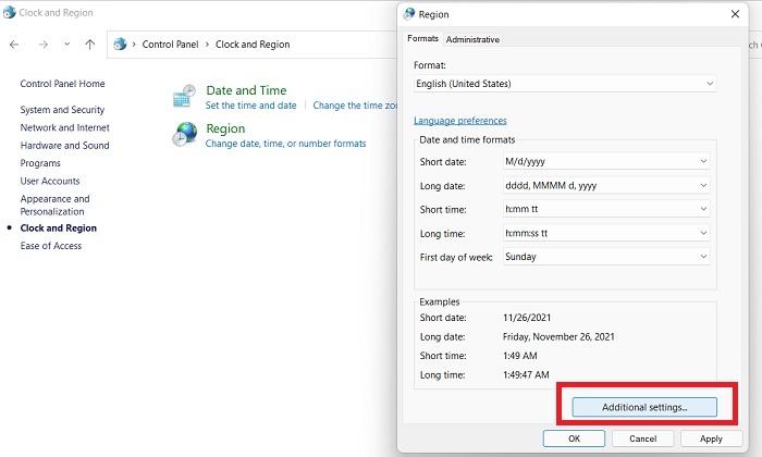Windows11 10 Parameter Is Incorrect Clock And Region Additional Settings