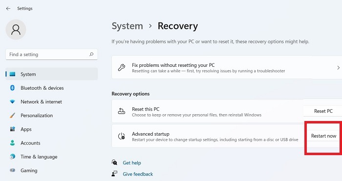 Windows11 User Profile Advanced Startup Restart Now