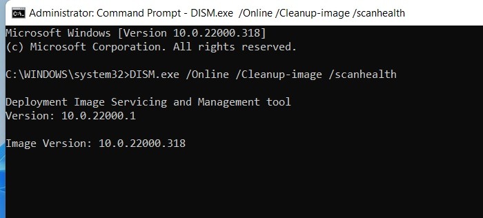 Running DISM scan via Command Prompt.