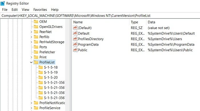 ProfileList keys view in Registry Editor.