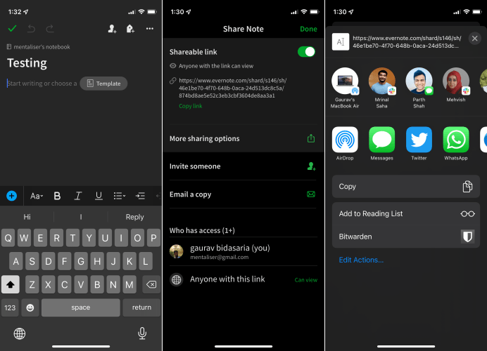 Evernote Share Note Option