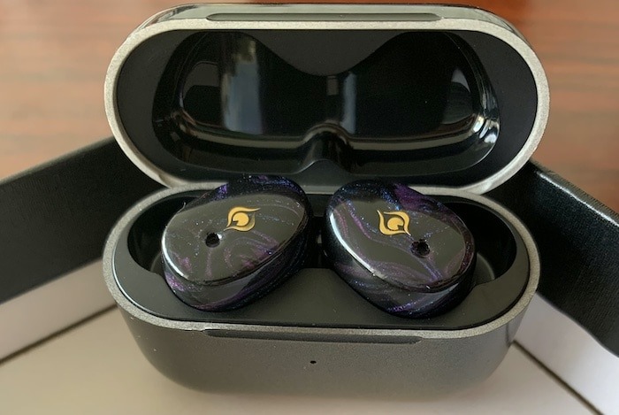 The Peacock Flight earbuds in the charging case.