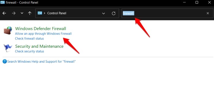 Windows Control Panel Firewall