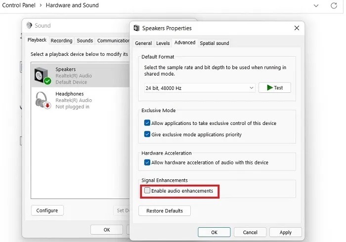 Increase Maximum Volume Windows Enable Audio Enhancements Speaker Properties