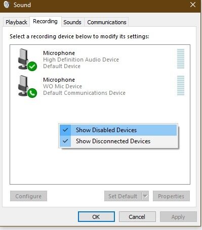 Microphone Not Working Windows10 Show Disabled Devices