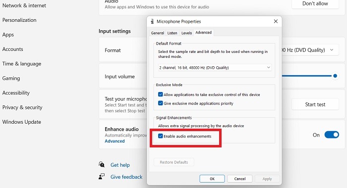 Microphone Not Working Windows11 Enable Audio Enhancements