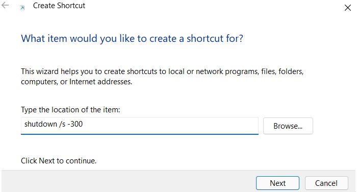 Schedule Windows11 10 Shutstart Shortcut Location Browse