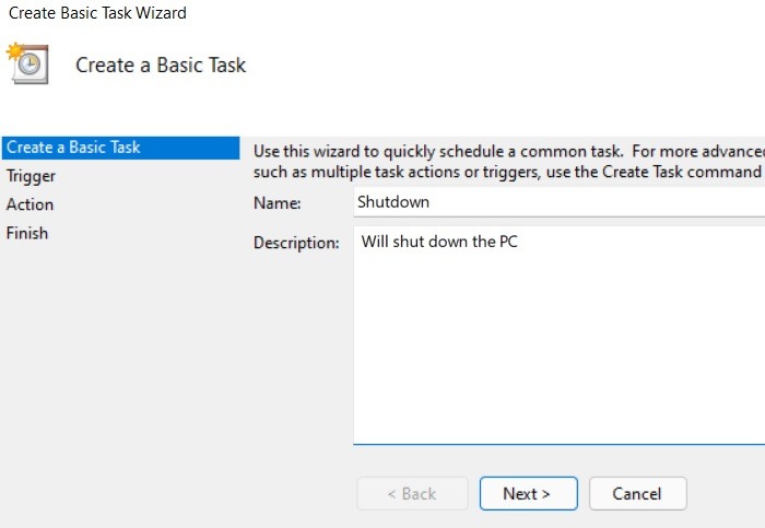 Schedule Windows11 10 Shutstart Task Scheduler Create Basic Task Description