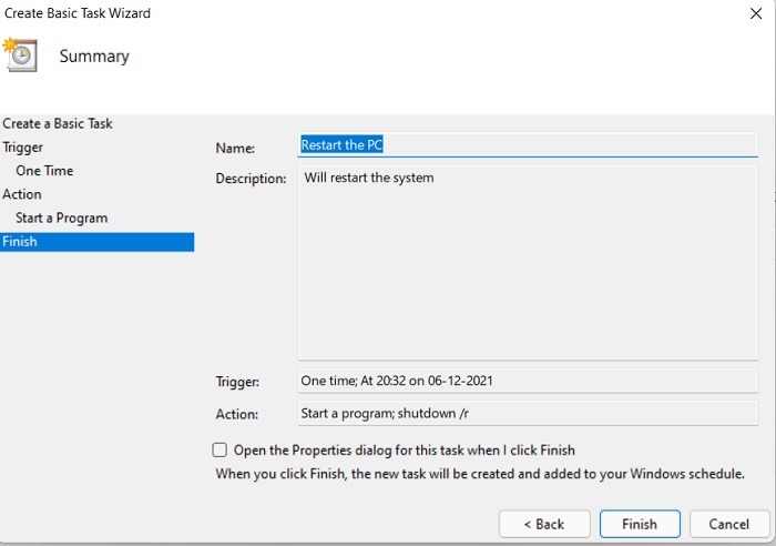 Schedule Windows11 10 Shutstart Task Scheduler Create Basic Task Restart Finish
