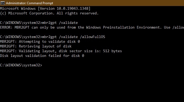 Win11 10 Mbr2gpt Disk Validation Fail