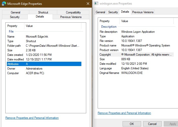 Windows Processes Look Malware Application Propeties