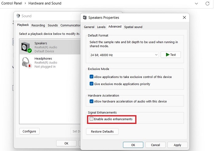 Windows Sound Not Working Win11 Playback Disable Audio Enhancements