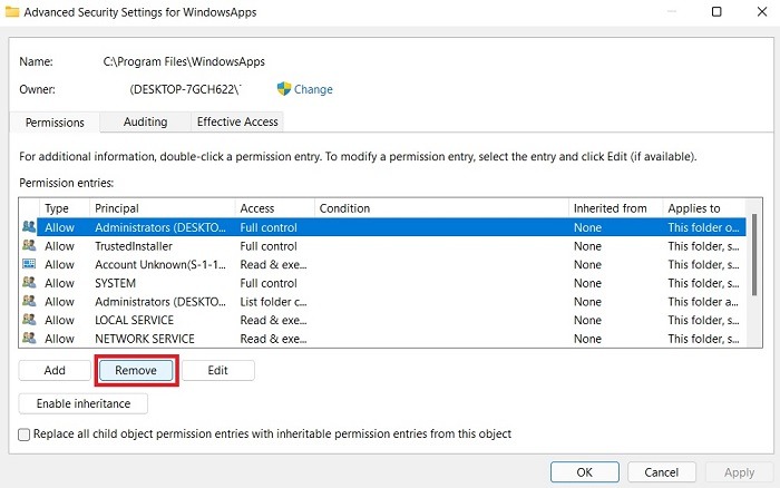 Windowsapps Folder Advanced Security Settings Remove Admin