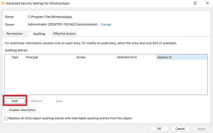 Windowsapps Folder Auditing Add Windows11