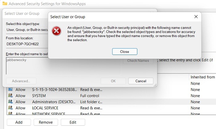 Windowsapps Folder Select User Incorrect Username