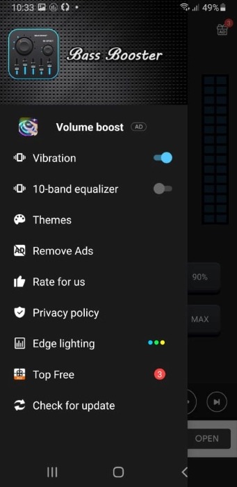 Android Equalizer Bass Booster Menu