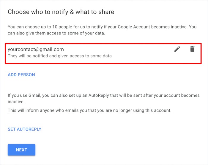 Digital Legacy Google Contact Saved
