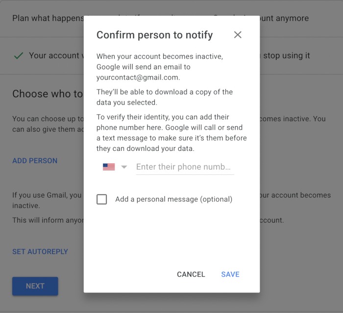 Digital Legacy Google Set Up Contacts Add Email Select Data Add Phone Number
