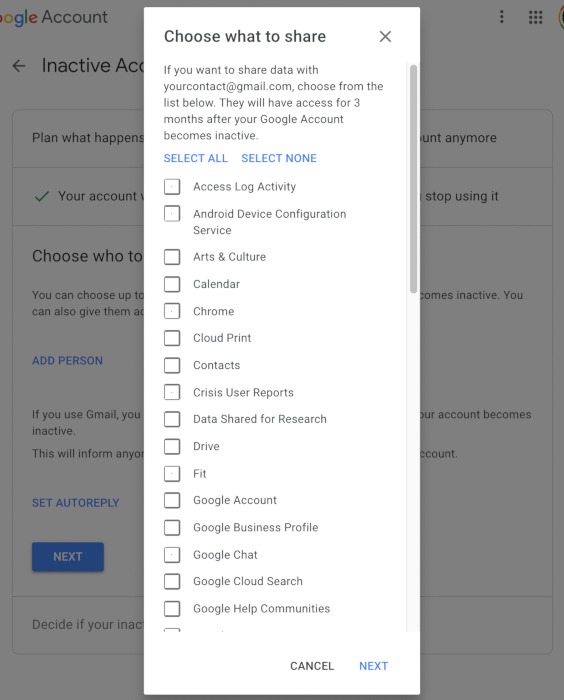 Digital Legacy Google Set Up Contacts Add Email Select Data