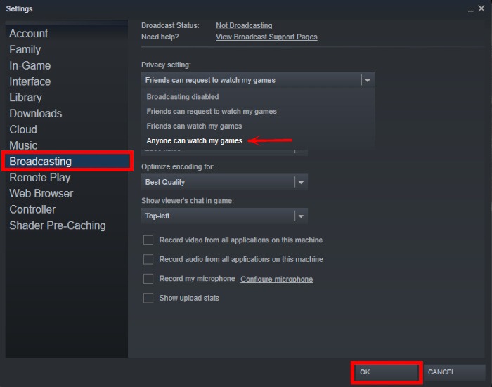Steam Vs Epic Steam Settings Broadcast