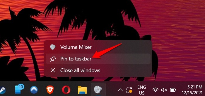 Windows 11 Pin Volume Mixer Taskbar