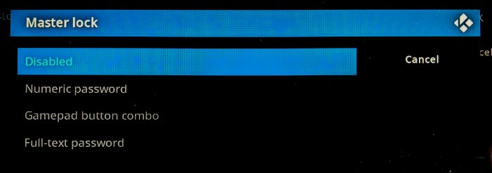 Kodi Parental Controls Master Lock Options