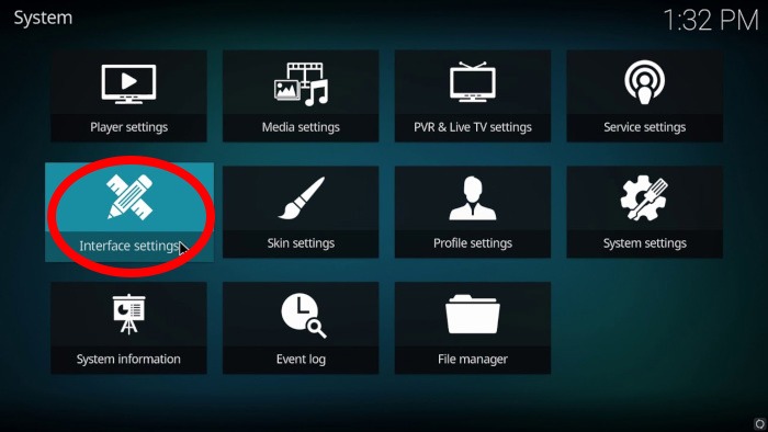 Kodi Parental Controls System Menu Interface Settings