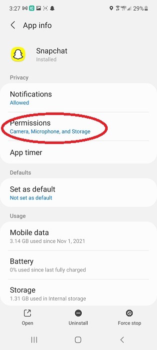 Snapchat Permissions Screen