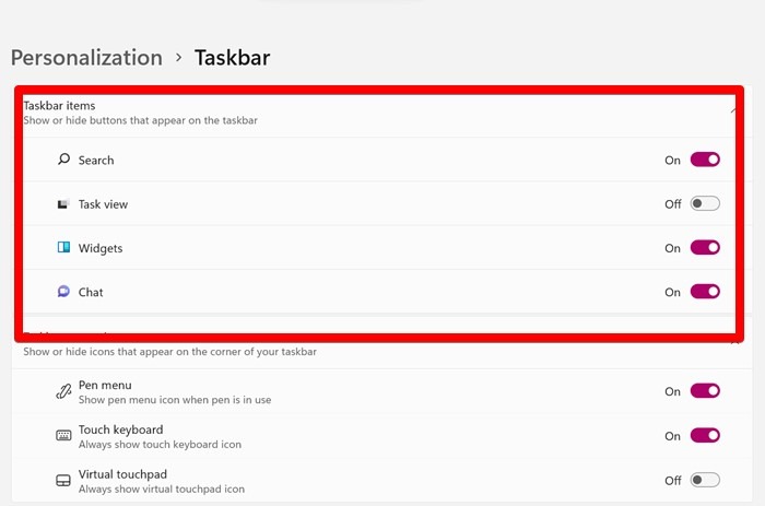 Windows 11 Taskbar Items Show Hide