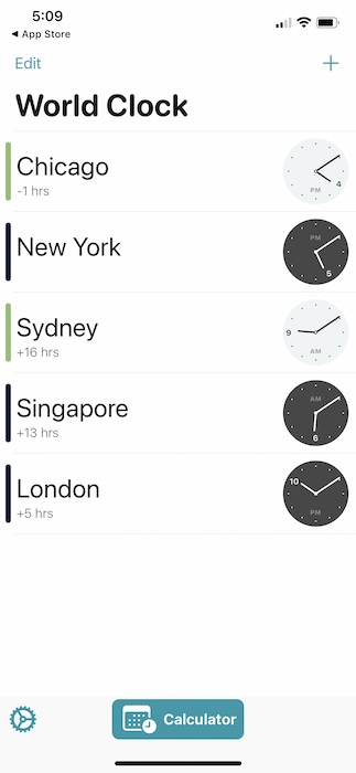 List of locations in World Time Clock Widget