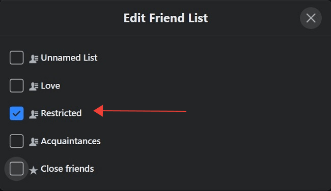 Facebook Restricted List Desktop Enable