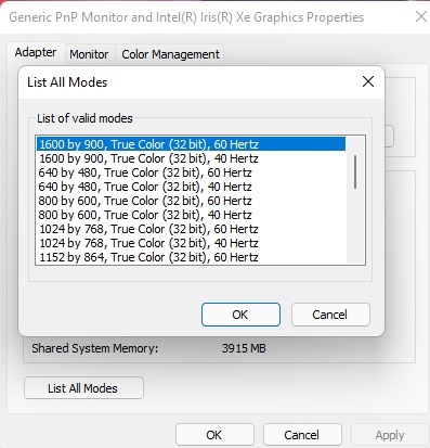 Available modes for display adapters.
