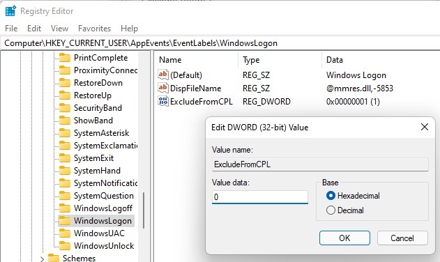 Changing the ExcludeFromCPL value in the registry.