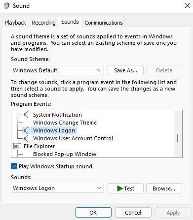 Viewing the Windows Logon option in the Windows sound settings.