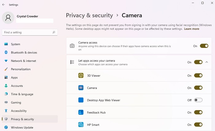 Changing camera access settings in Windows privacy window.