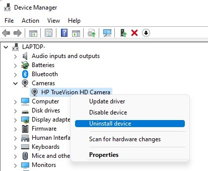 Uninstall camera in Device Manager.
