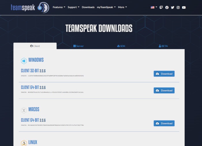 Teamspeak Downloads Page