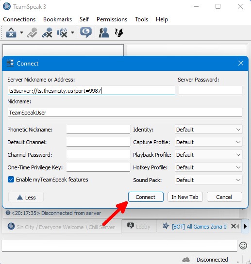 Teamspeak Main Screen Connect Window