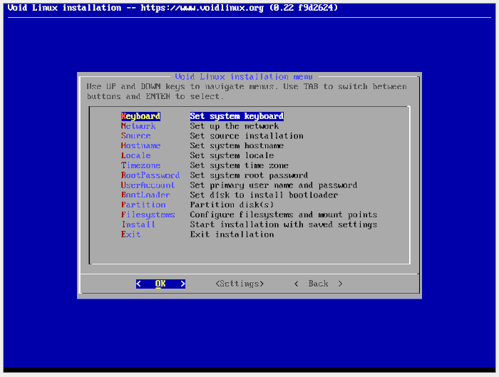 Voidlinux 8 Installer Menu