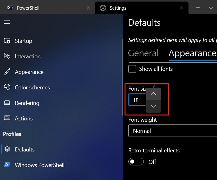 Windows Terminal Settings Appearance Font Size