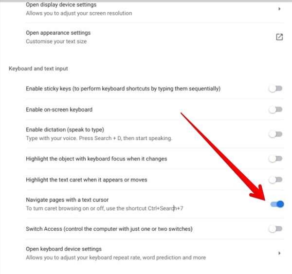 Chromebook Keyboard Caret Browsing