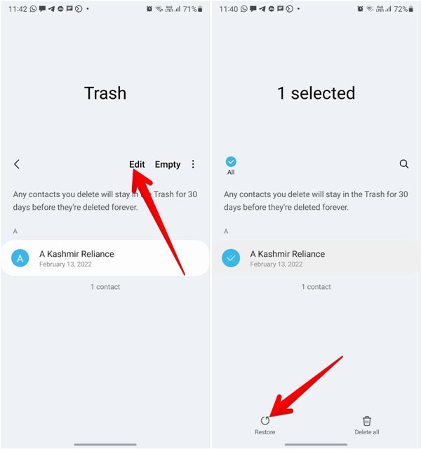 Delete Multiple Contacts Samsung Trash Restore