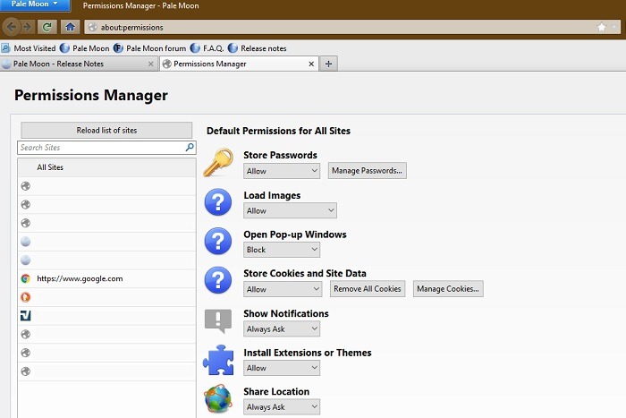 Lightweight Browsers Windows Palemoon Permission Manager