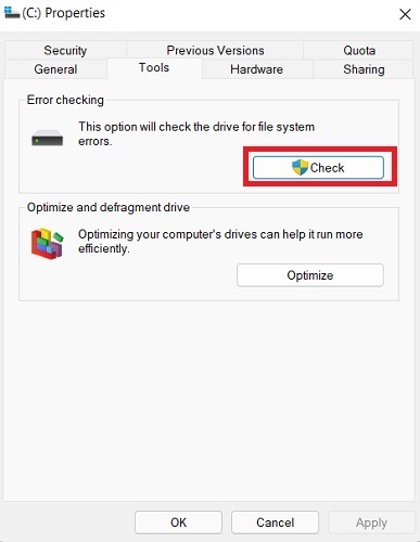 Windows Hard Disk Problem Error Checking Properties