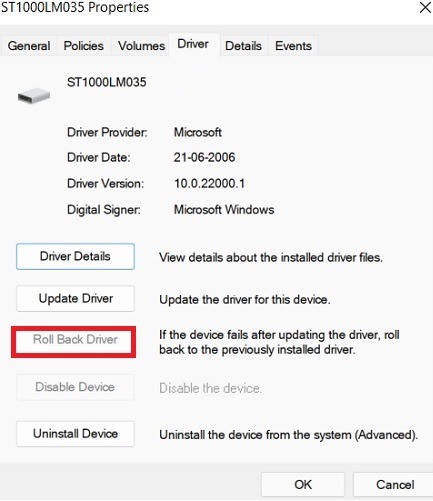 Windows Hard Disk Problem Roll Back Driver2