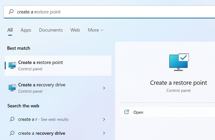 Windows Hard Disk Problem Search Menu Create Restore Point