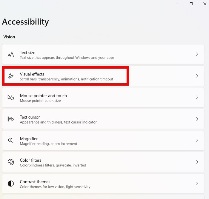 Windows Transparency Accessability Visual Effects