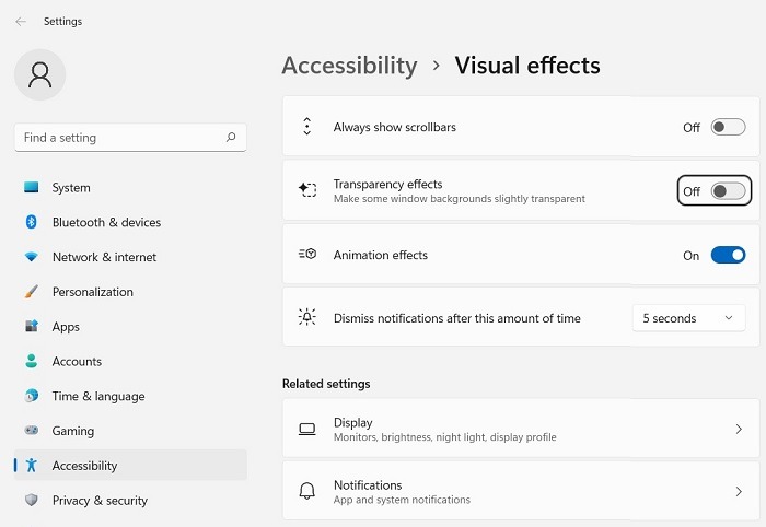 Windows Transparency Effects Visual Effects Transparency Off Windows11