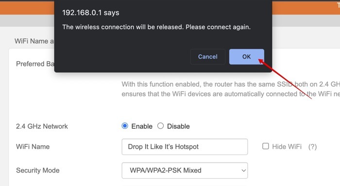 Wireless Router Confirm Changes